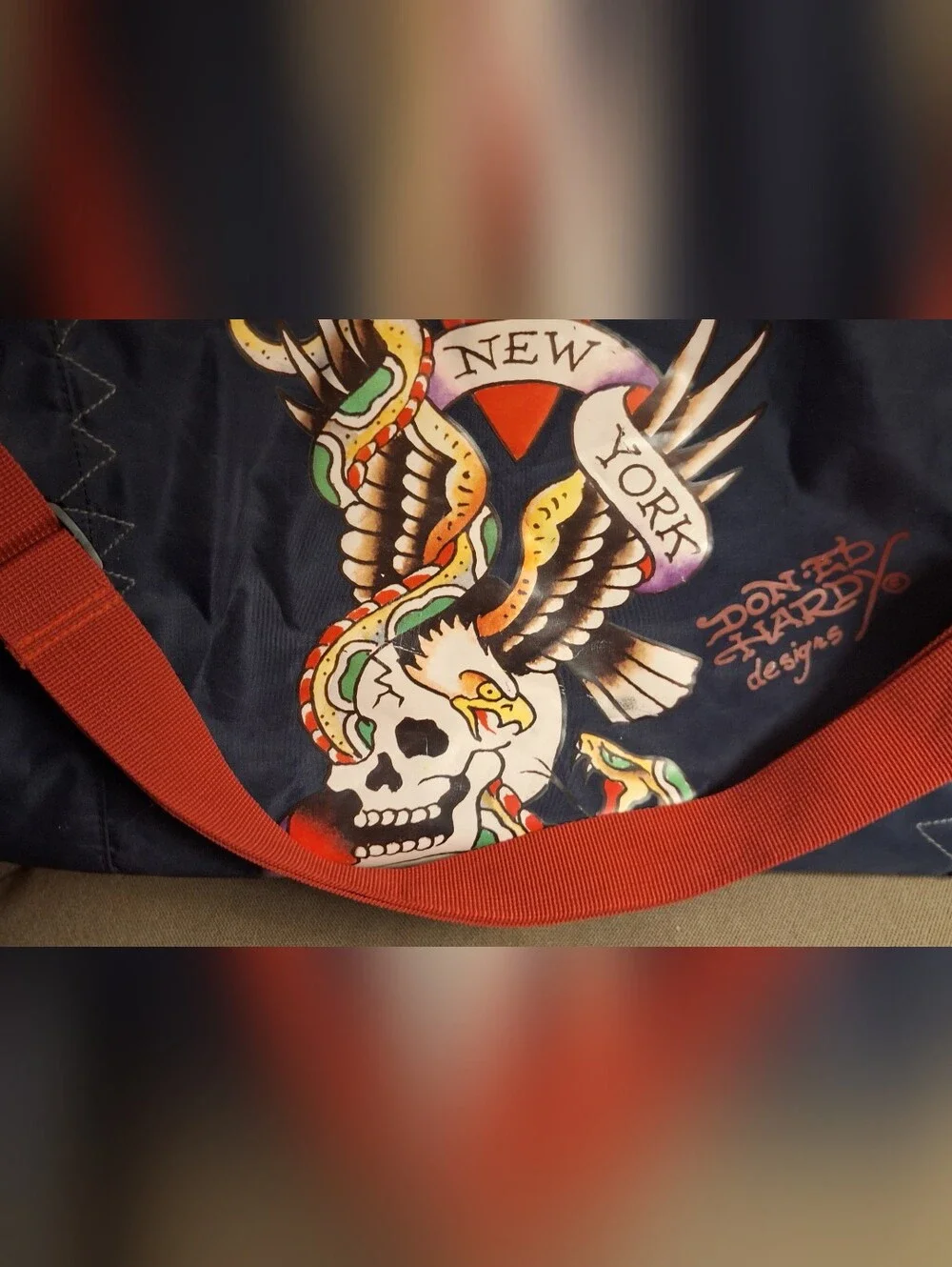 Ed Hardy Navy & Red New York Graphic Duffel
